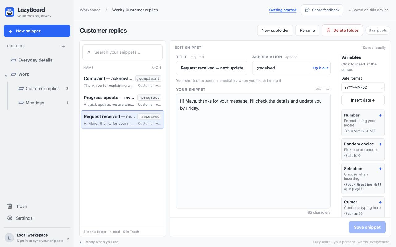LazyBoard sample library with Work expanded to Customer replies and Meetings, and Request received selected