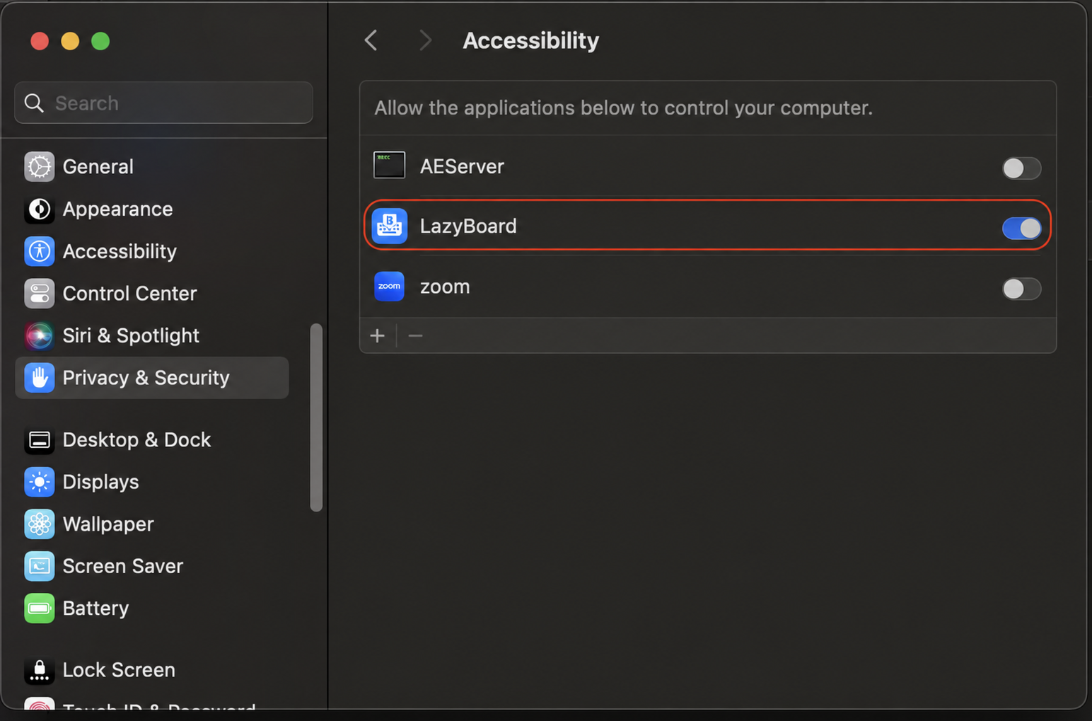 macOS Accessibility settings with the LazyBoard permission switch turned on and the plus button below the app list.