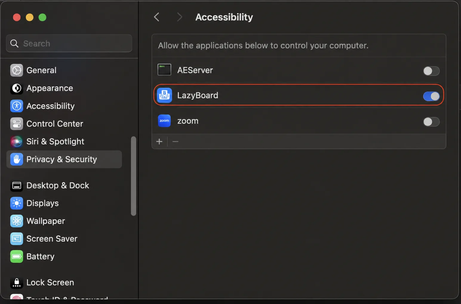 macOS Accessibility settings with the LazyBoard permission switch turned on and the plus button below the app list.