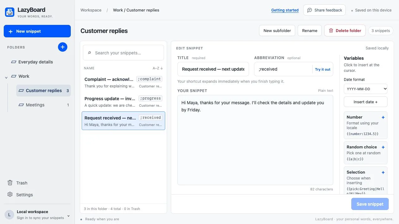 LazyBoard library with folders, a list of customer replies, and the snippet editor with title, abbreviation, and variables.