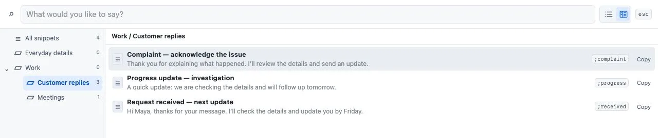 Snippet picker with a search box, folders, and three customer replies with their abbreviations and Copy buttons.
