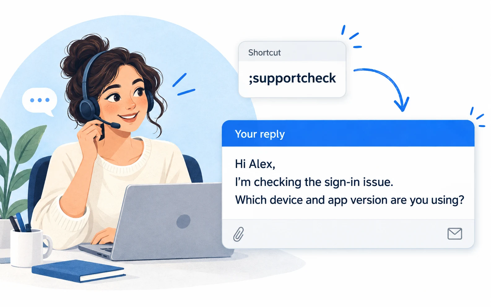 Customer support illustration: ;supportcheck expands into checking a reported issue.