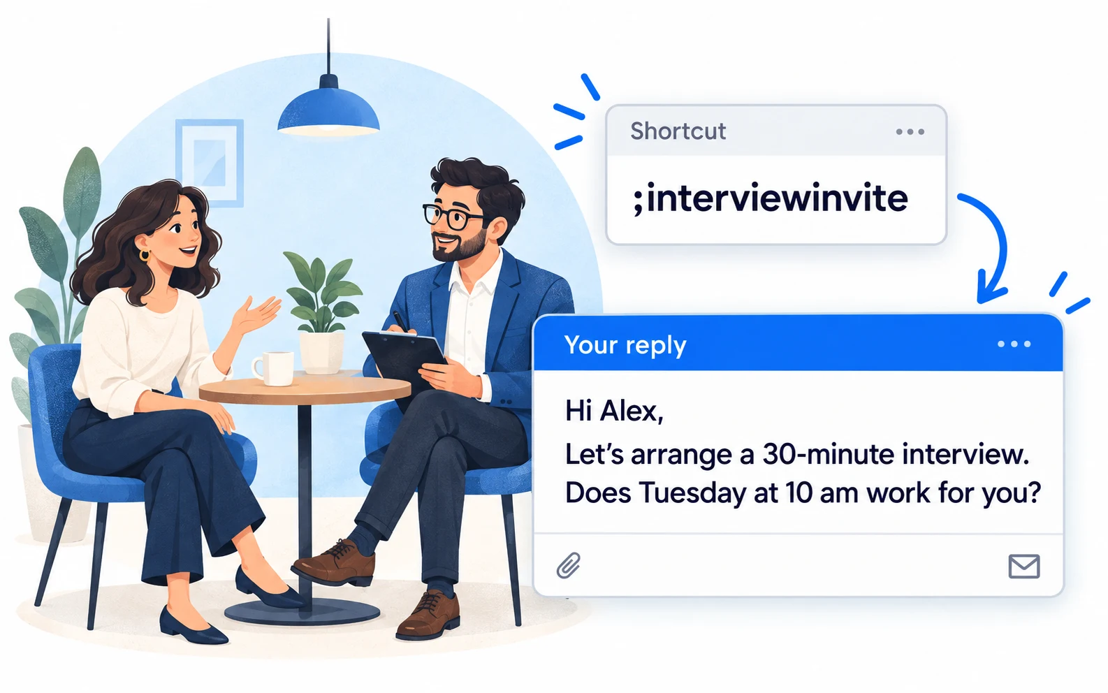 Recruiters illustration: ;interviewinvite expands into an interview invitation.