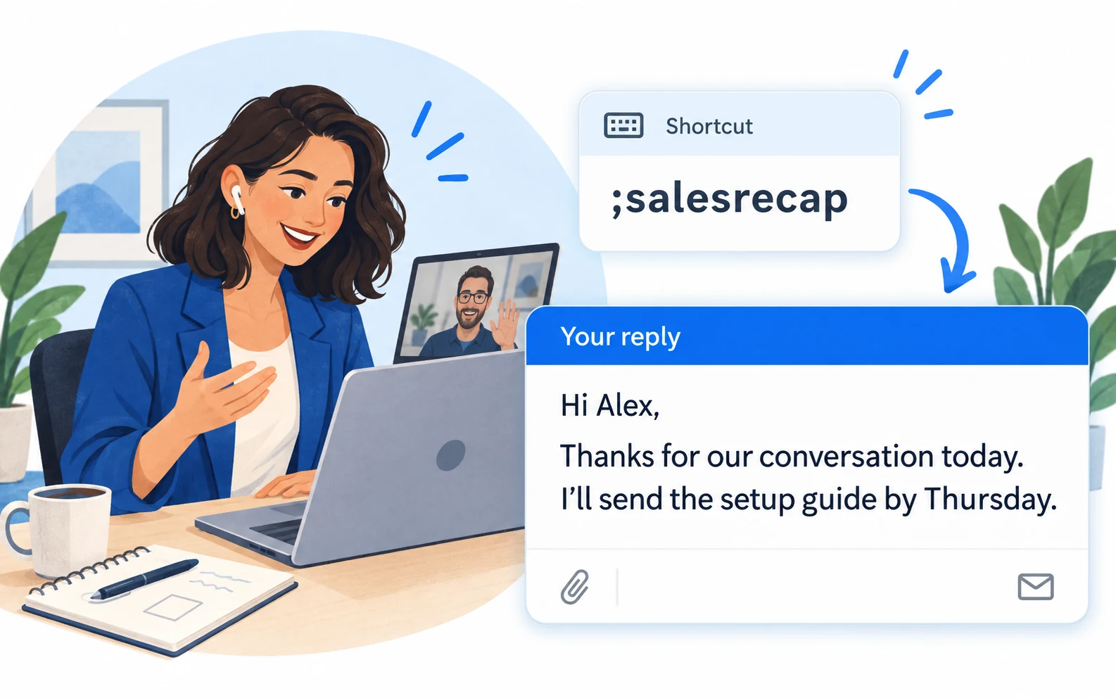 Sales illustration: ;salesrecap expands into a follow-up after a conversation.