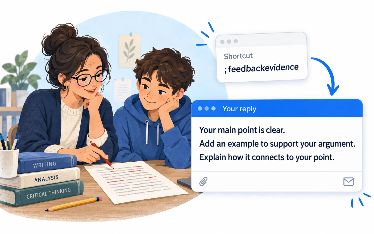 Teachers illustration: ;feedbackevidence expands into feedback on a paragraph.